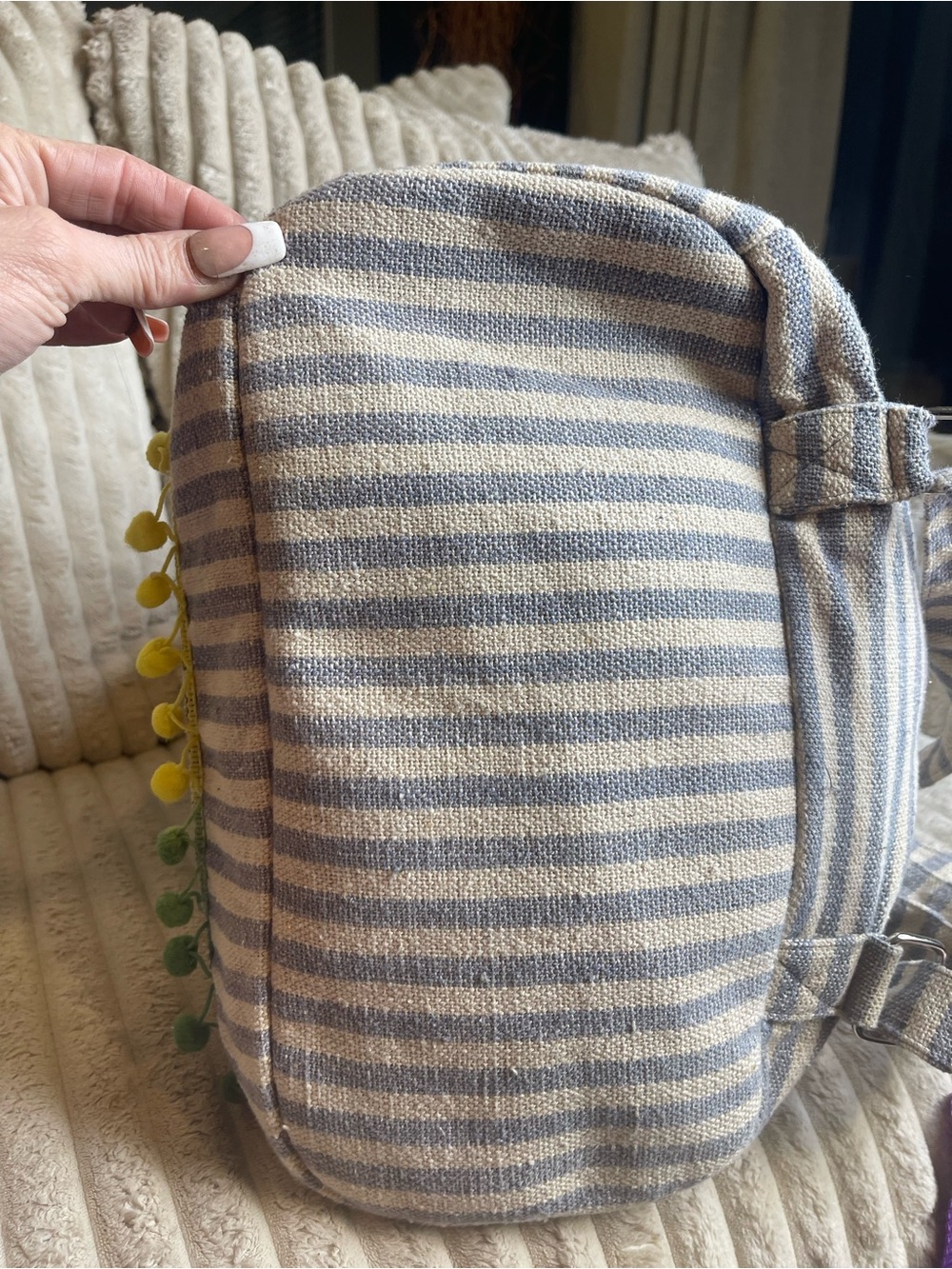 Pineapple Backpack Grey Striped Canvas Boho Travel School Bag Pom Poms - Picture 7 of 9